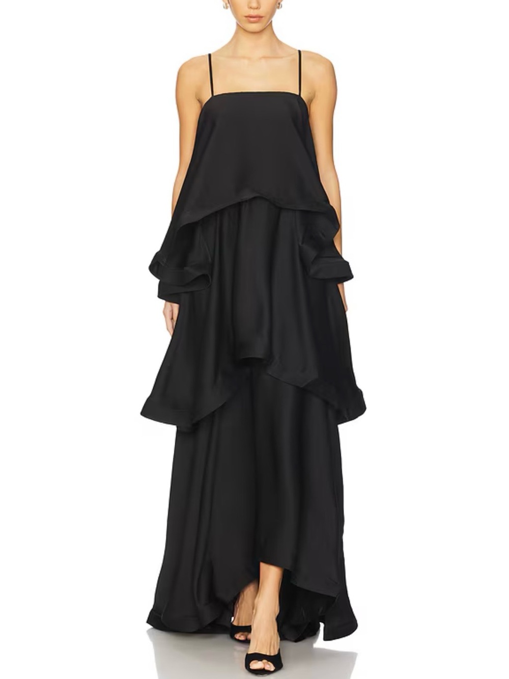 Elliatt Black Layered Ruffle Maxi Dress with Spaghetti Straps XS